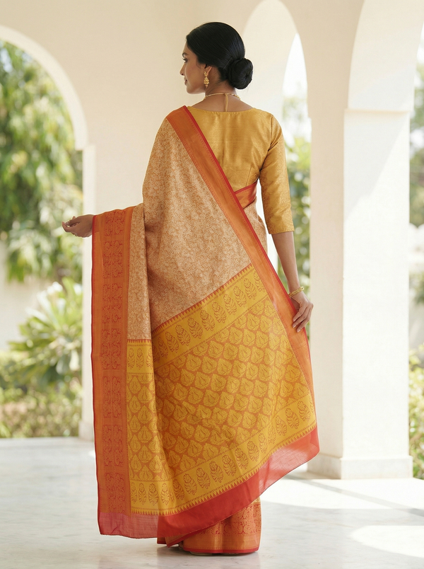 Champagne Gold Dharmavaram Inspired Semi Silk Saree with Wide Wide Contrast Border