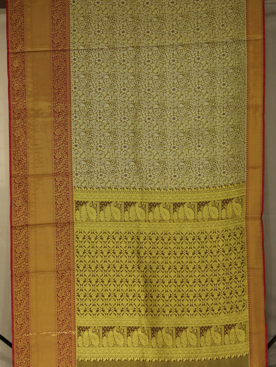 Olive Green Kanchipuram Inspired Semi Silk Saree with Wide Wide Contrast Border