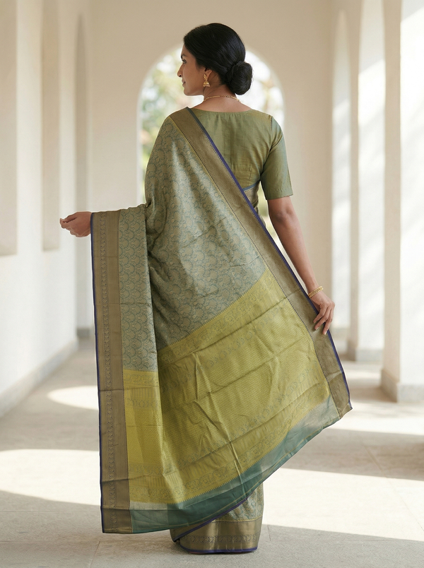 Olive Green Kanchipuram Inspired Semi Silk Saree with Medium Medium Contrast Border