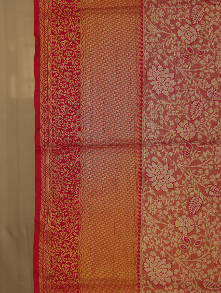 Sunset Coral Kanchipuram Inspired Semi Silk Saree with Medium Medium Contrast Border