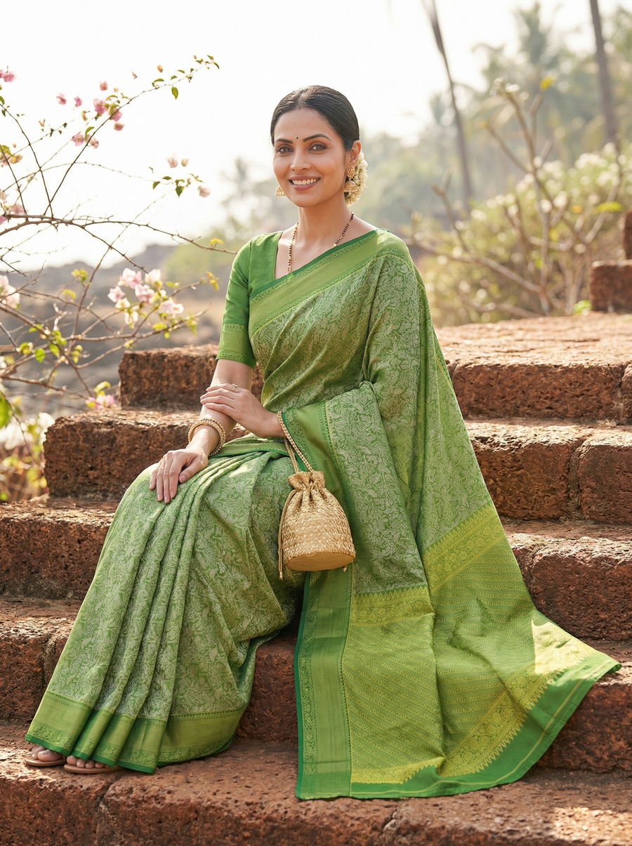 Moss Green Kanchipuram Inspired Semi Silk Saree with Wide Wide Self Border