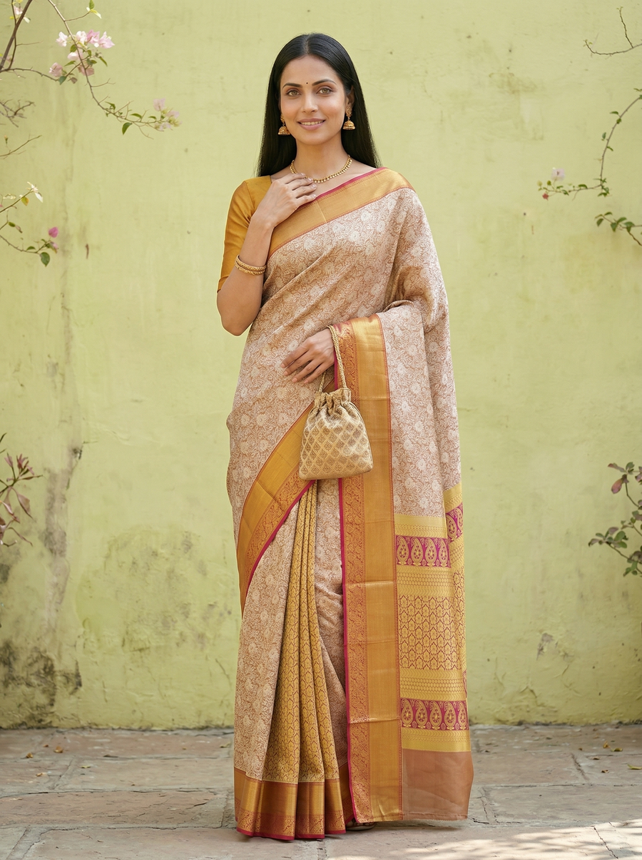 Champagne Gold Dharmavaram Inspired Semi Silk Saree with Medium Medium Contrast Border