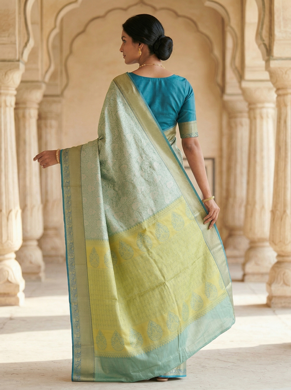 Seafoam Green Dharmavaram Inspired Semi Silk Saree with Medium Medium Contrast Border