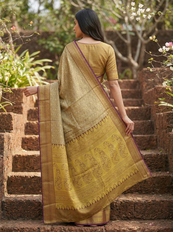 Antique Gold Mysore Inspired Semi Silk Saree with Medium Medium Contrast Border