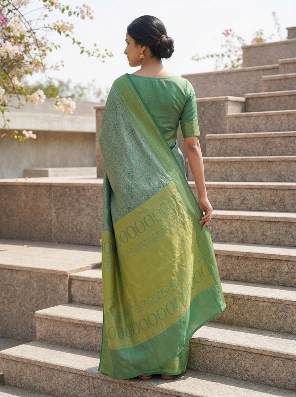 Sage Green Kanchipuram Inspired Semi Silk Saree with Medium Medium Self Border