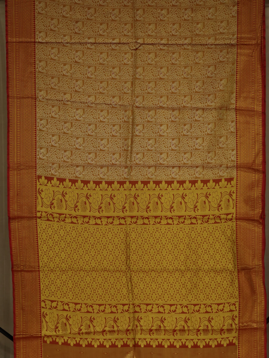 Champagne Gold Kanchipuram Inspired Semi Silk Saree with Medium Medium Contrast Border