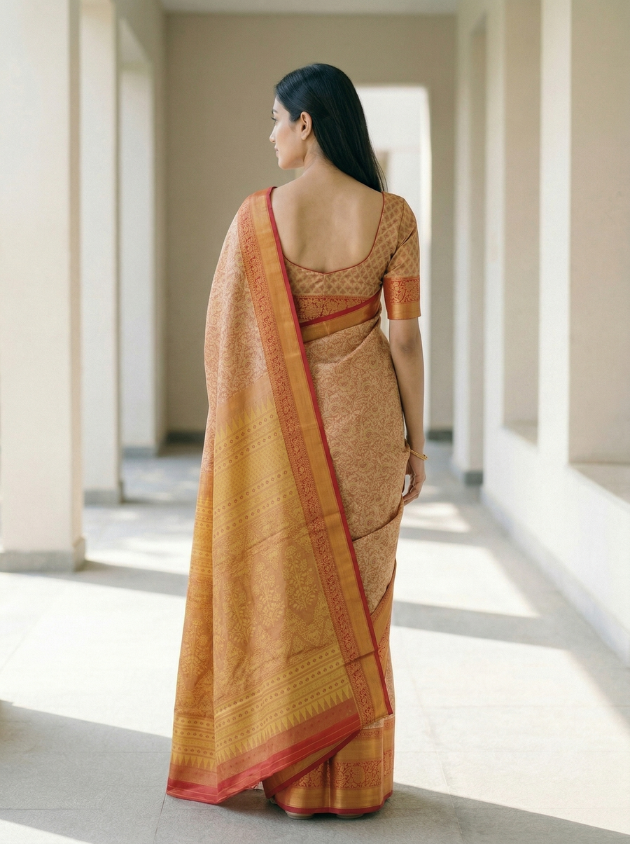 Champagne Gold Kanchipuram Inspired Semi Silk Saree with Medium Medium Contrast Border
