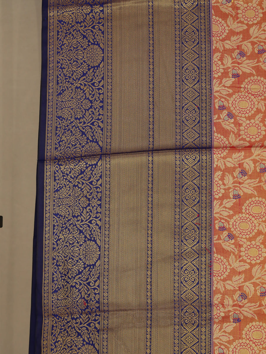 Burnt Orange Kanchipuram Inspired Semi Silk Saree with Medium Medium Contrast Border