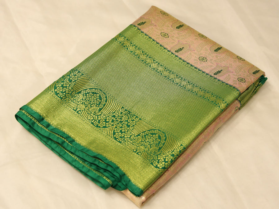 Champagne Gold Dharmavaram Inspired Semi Silk Saree with Wide Wide Contrast Border