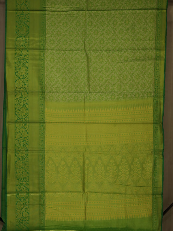Lime Green Kanchipuram Inspired Semi Silk Saree with Wide Wide Self Border