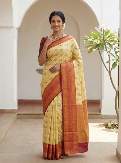 Sunshine Yellow Gadwal Inspired Semi Silk Saree with Wide Wide Contrast Border