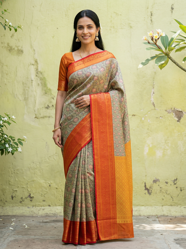 Burnt Orange Dharmavaram Inspired Semi Silk Saree with Wide Wide Contrast Border