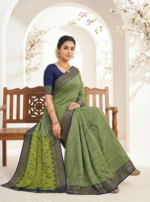 Sage Green Kanchipuram Inspired Semi Silk Saree with Wide Wide Contrast Border