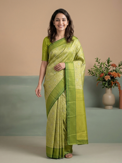 Moss Green Mysore Inspired Semi Silk Saree with Medium Medium Self Border