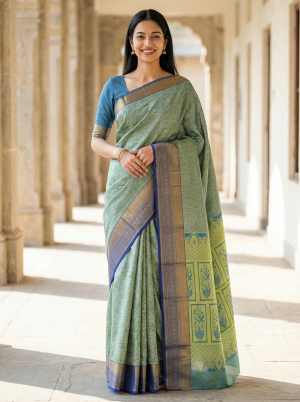 Sage Green Dharmavaram Inspired Semi Silk Saree with Medium Medium Contrast Border