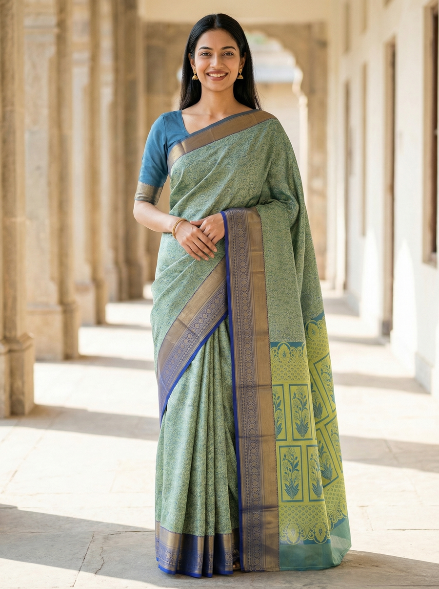 Sage Green Dharmavaram Inspired Semi Silk Saree with Medium Medium Contrast Border