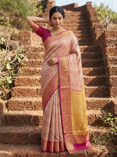 Blush Pink Dharmavaram Inspired Semi Silk Saree with Medium Medium Contrast Border
