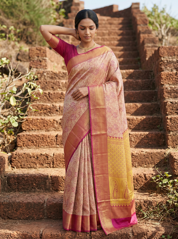 Blush Pink Dharmavaram Inspired Semi Silk Saree with Medium Medium Contrast Border