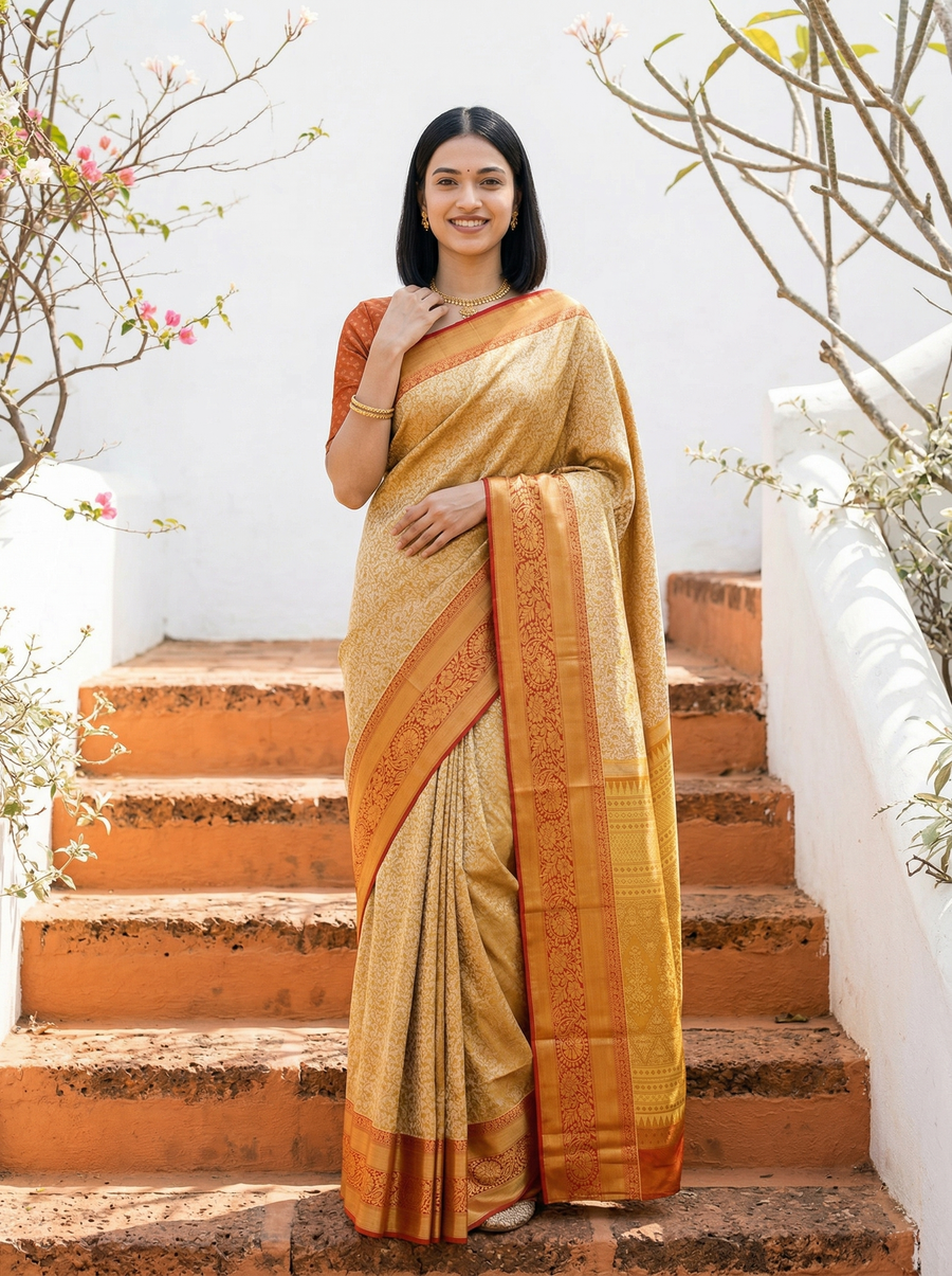 Champagne Gold Kanchipuram Inspired Semi Silk Saree with Wide Wide Contrast Border