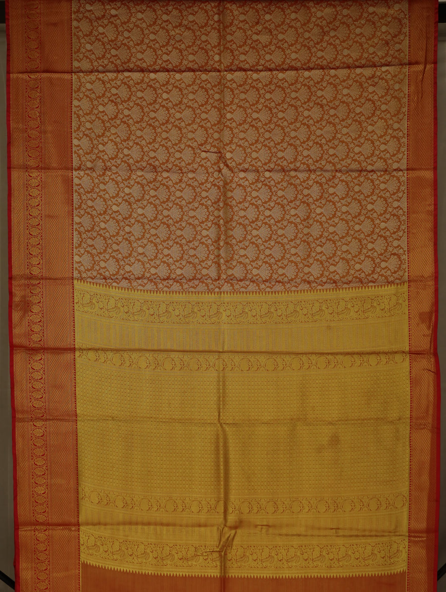 Burnt Orange Kanchipuram Inspired Semi Silk Saree with Medium Medium Contrast Border