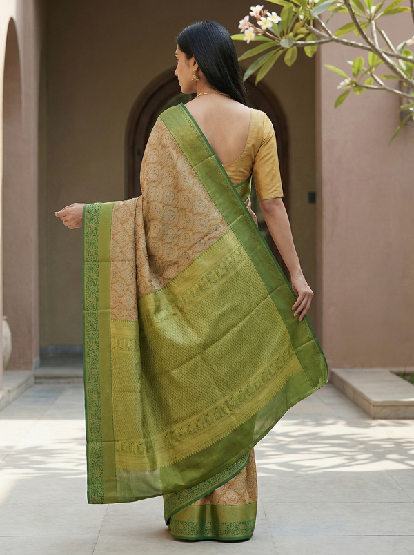 Champagne Gold Kanchipuram Inspired Semi Silk Saree with Wide Wide Contrast Border