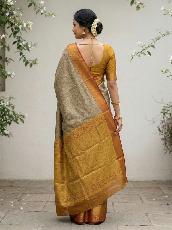 Champagne Gold Dharmavaram Inspired Semi Silk Saree with Wide Wide Contrast Border