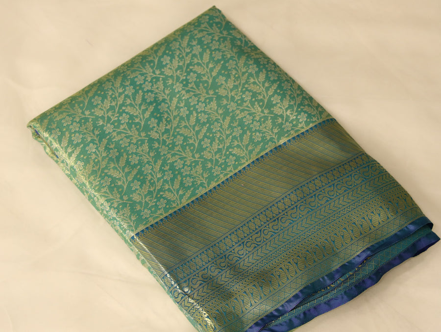 Sage Green Kanchipuram Inspired Semi Silk Saree with Wide Wide Contrast Border