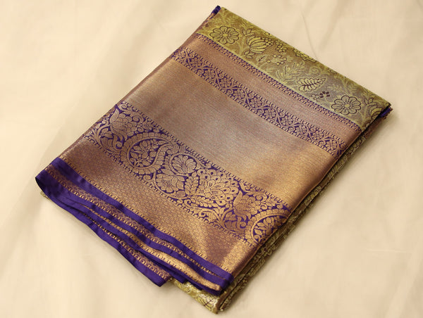 Champagne Gold Kanchipuram Inspired Semi Silk Saree with Medium Medium Contrast Border