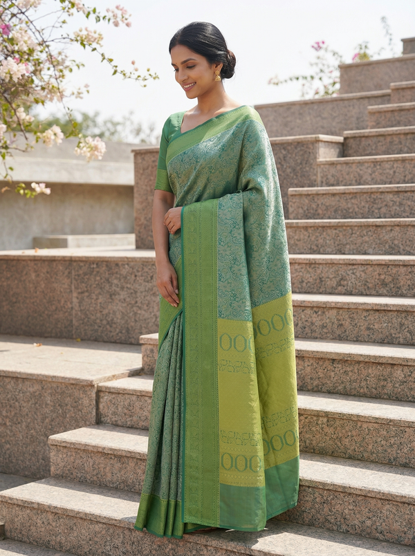 Sage Green Kanchipuram Inspired Semi Silk Saree with Medium Medium Self Border