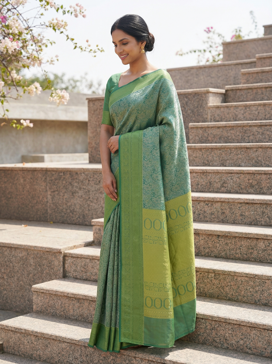 Sage Green Kanchipuram Inspired Semi Silk Saree with Medium Medium Self Border