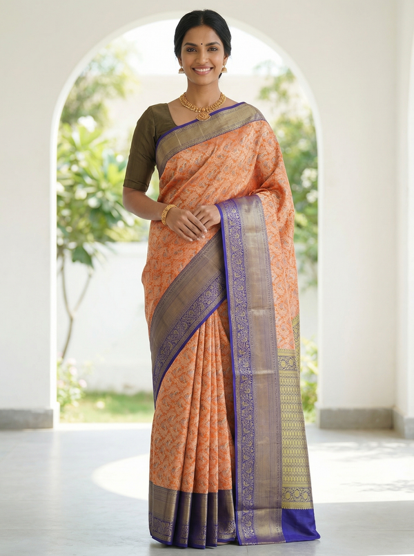 Sunset Orange Kanchipuram Inspired Semi Silk Saree with Wide Wide Contrast Border