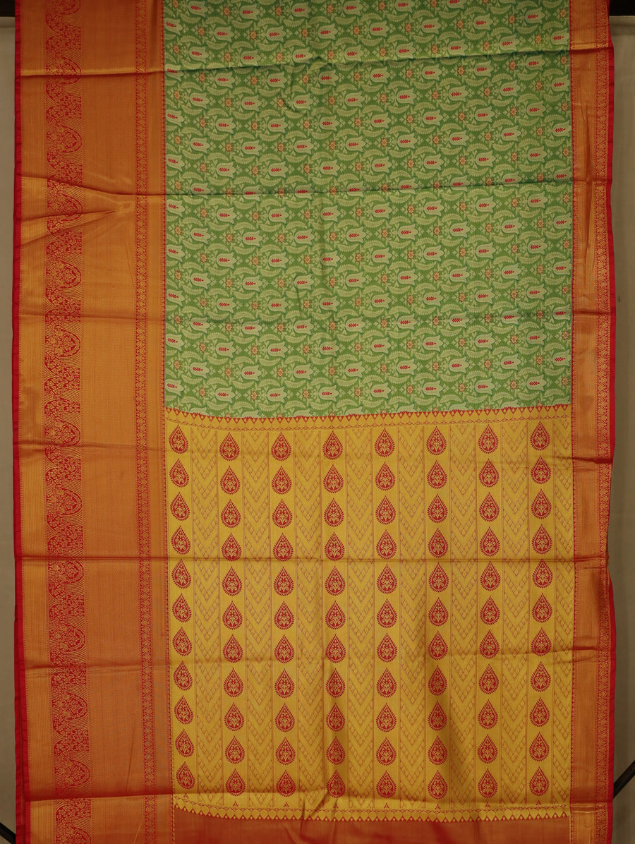 Sage Green Kanchipuram Inspired Semi Silk Saree with Wide Wide Contrast Border