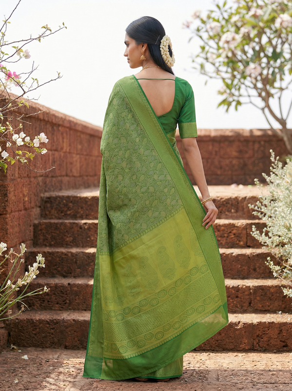 Olive Green Mysore Inspired Semi Silk Saree with Wide Wide Self Border