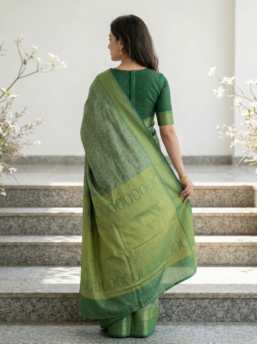 Olive Green Mysore Inspired Semi Silk Saree with Medium Medium Self Border