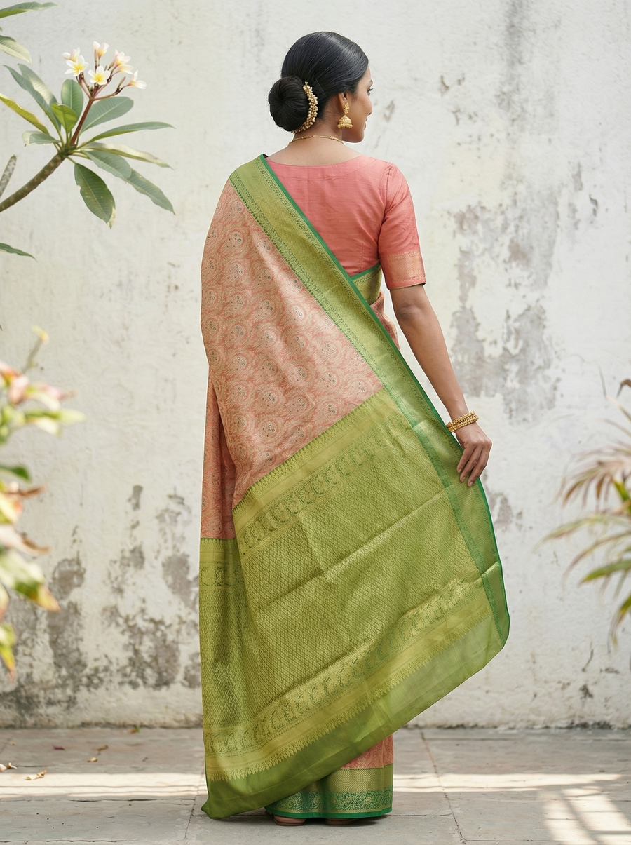 Peach Gold Kanchipuram Inspired Semi Silk Saree with Wide Wide Contrast Border