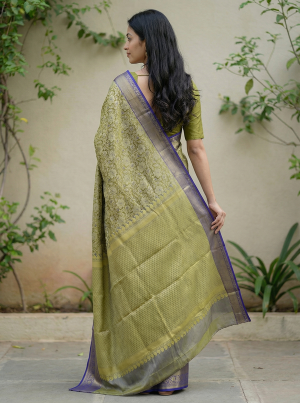 Olive Green Kanchipuram Inspired Semi Silk Saree with Wide Wide Contrast Border