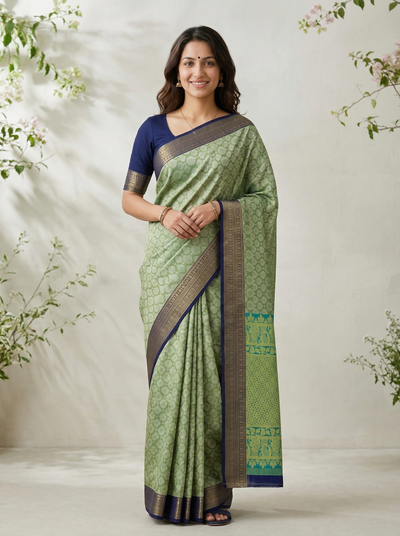 Pistachio Green Gadwal Inspired Semi Silk Saree with Medium Medium Contrast Border
