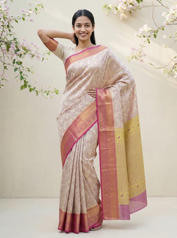 Champagne Gold Dharmavaram Inspired Semi Silk Saree with Wide Wide Contrast Border