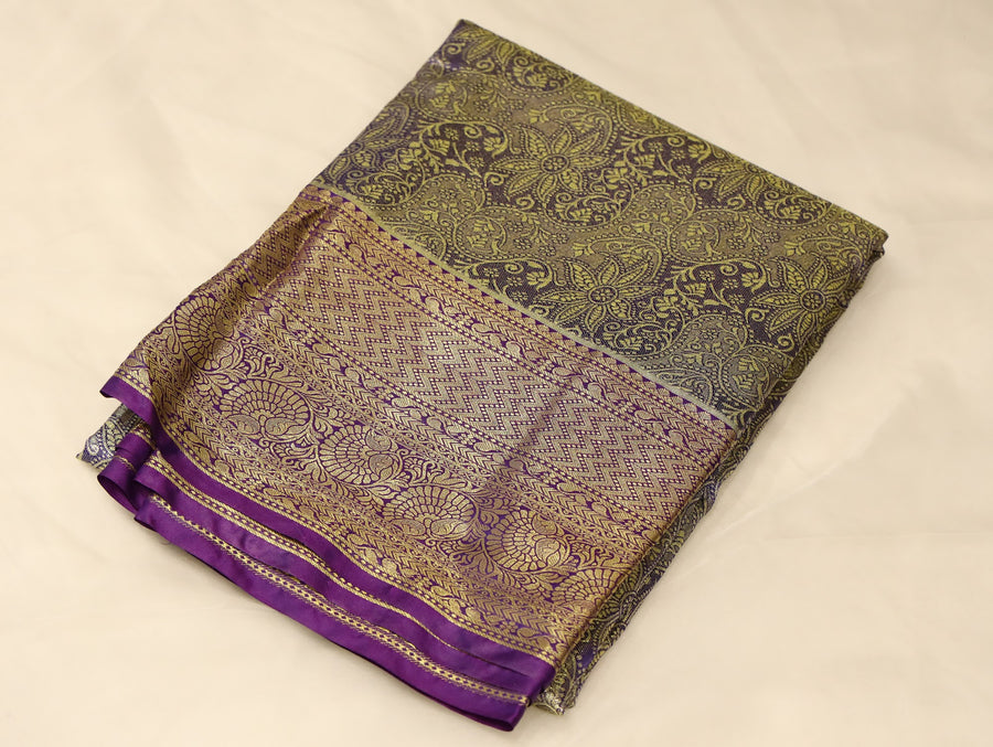 Dusty Teal Kanchipuram Inspired Semi Silk Saree with Wide Wide Contrast Border