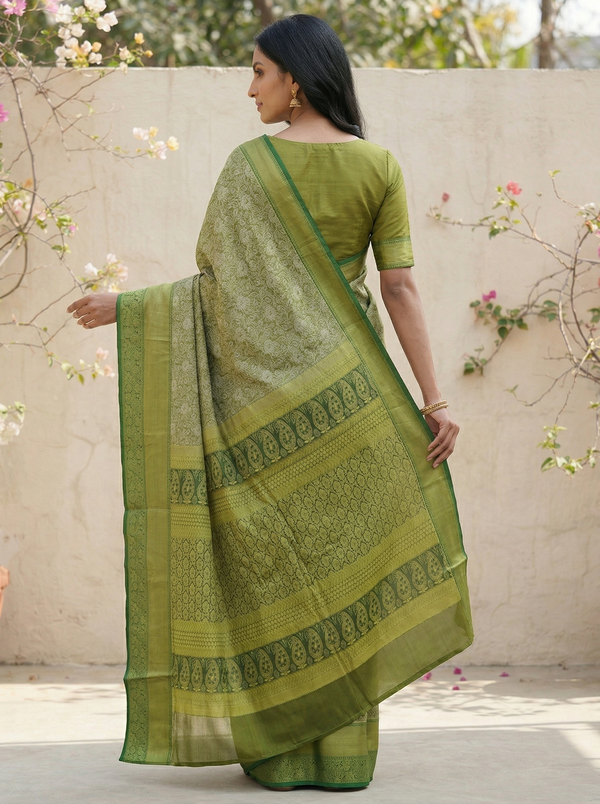 Olive Green Uppada Inspired Semi Silk Saree with Wide Wide Contrast Border