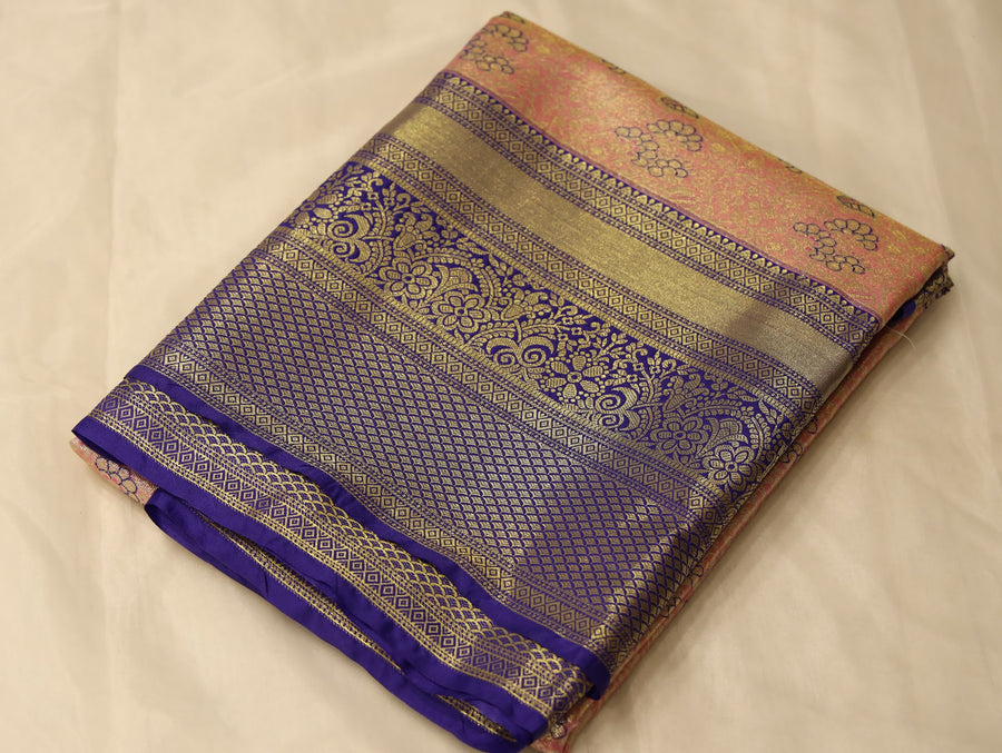 Peach Blossom Kanchipuram Inspired Semi Silk Saree with Wide Wide Contrast Border