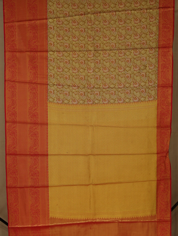 Golden Yellow Kanchipuram Inspired Semi Silk Saree with Wide Wide Contrast Border