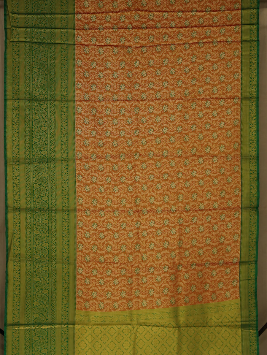 Burnt Orange Gadwal Inspired Semi Silk Saree with Wide Medium Contrast Border