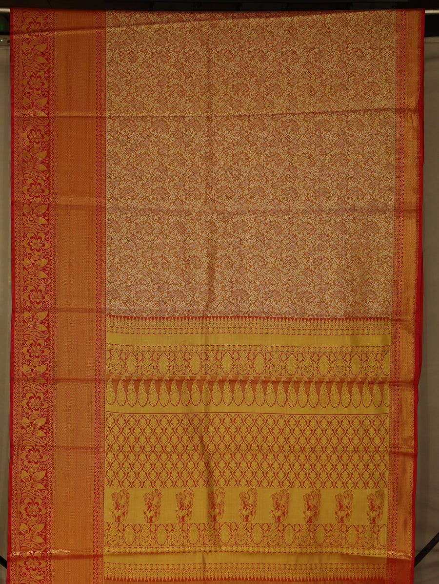 Burnt Orange Kanchipuram Inspired Semi Silk Saree with Wide Wide Contrast Border