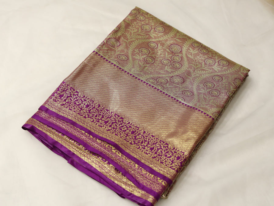 Champagne Gold Kanchipuram Inspired Semi Silk Saree with Wide Wide Contrast Border