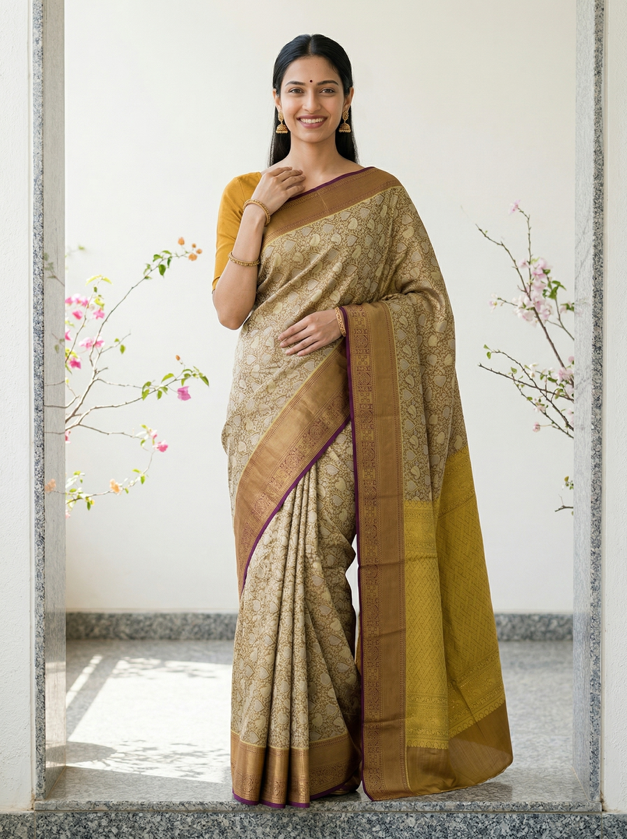 Antique Gold Kanchipuram Inspired Semi Silk Saree with Medium Medium Contrast Border