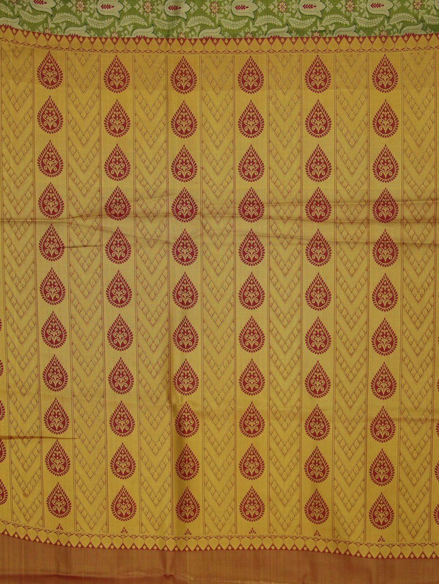 Lime Green Kanchipuram Inspired Semi Silk Saree with Medium Medium Contrast Border