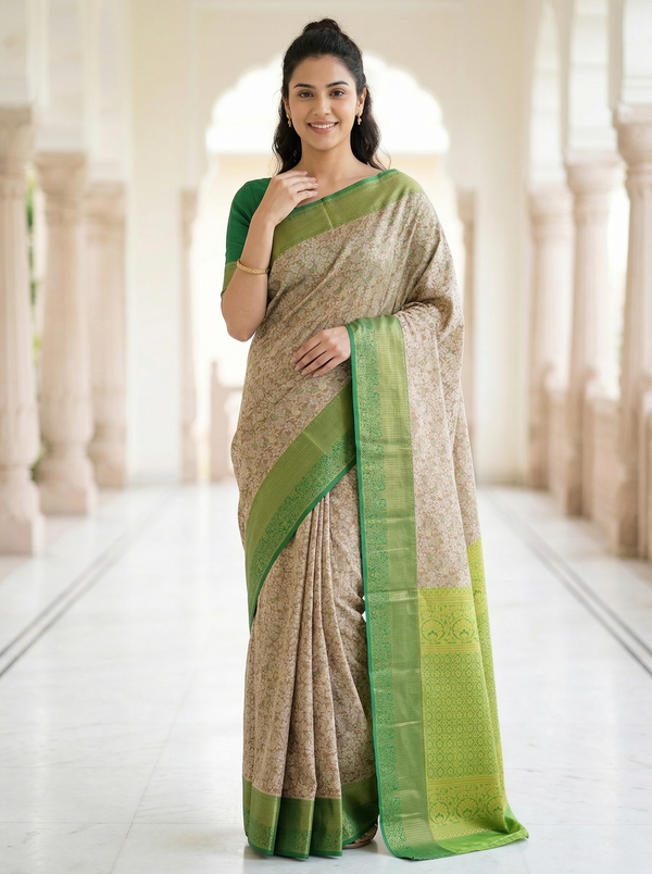 Champagne Beige Kanchipuram Inspired Semi Silk Saree with Medium Medium Contrast Border