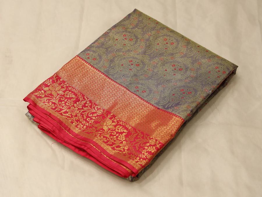 Steel Gray Kanchipuram Inspired Semi Silk Saree with Medium Medium Contrast Border