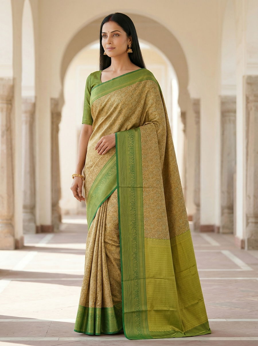 Olive Green Mysore Inspired Semi Silk Saree with Medium Medium Self Border
